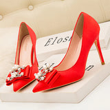 SATIN POINTED PEARL BOW HIGH HEELS