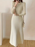 Causal Ribbed Mock Neck Long Sleeve Midi Dress