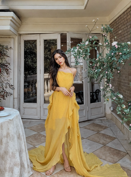 Flowing Ruffles Yellow Strapless Maxi Dress Ncocon Flowing Ruffles Yellow Strapless Maxi Dress Ncocon