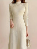 Causal Ribbed Mock Neck Long Sleeve Midi Dress