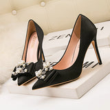 SATIN POINTED PEARL BOW HIGH HEELS