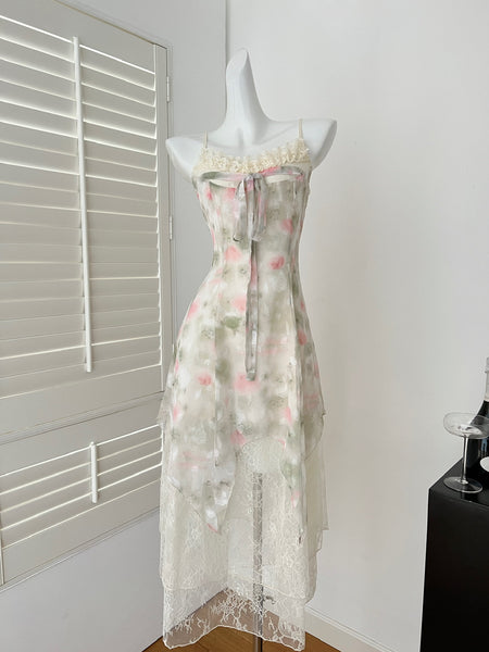 Lace Hem Floral Print Strappy Dress