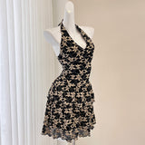 Elegant Black Print Cream Lace Halter Dress
