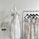 Pastel Floral Print Ruffled Trim Strapless Maxi Dress