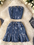Edgy Denim Bustier and Ruffled Skirt Set