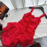 Ruffled Layers Rose Embellishment Red Strappy Mini Dress