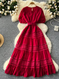Lace Belt Red A Line Maxi Dress