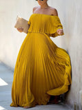 Summer Off Shoulder Pleats Chiffon Maxi Dress