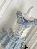 Blue & White Puff Sleeve Mini Dress