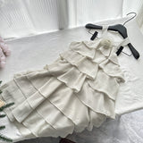 Flower Embellishment Beige Halter Neck Tiered Mini Dress