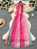 Multicolored Stripes Colorful Halter Neck Maxi Dress