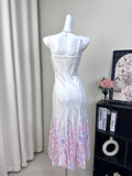 Floral Embellished Straps Ombre Hem White Lace Midi Dress