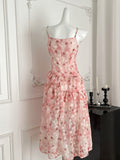 Ruffled Layers Asymmetrical Pink Floral Strappy Dress
