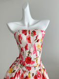 Vibrant Floral Print Strapless Peplum Top Skirt Set