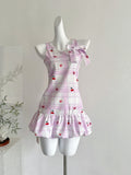 Pink Cherry Embroidery One Shoulder Mini Dress