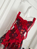 Ruffled Straps Asymmetric Maroon Floral Mini Dress