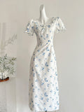 Blue Floral Print Puff Sleeves White Midi Dress