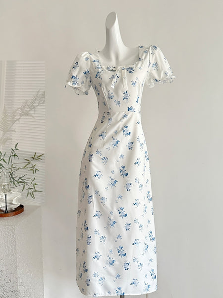 Blue Floral Print Puff Sleeves White Midi Dress