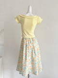 Yellow Short Sleeved Crop Top & Floral Midi Skirt Set