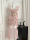 Metallic Corset Pink Strapless Dress
