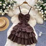 Lace-Up Corset Brown Ruffle Mini Dress