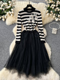 Floral Appliqués Tulle Skirt Striped Knit Dress