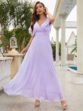 V Neck Short Purple Maxi Long Party Dress