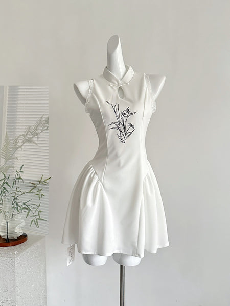 Delicate Floral Embroidery White Mini Dress