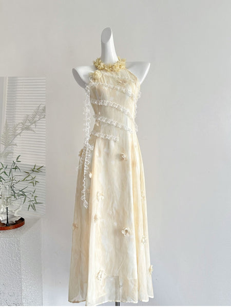 Enchanting Yellow Halter Floral Embellished Midi Dress