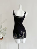 Celestial Embroidery Square Black Mini Dress