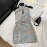Exquisite Floral Embroidery Halter Mini Dress