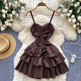 Lace-Up Corset Brown Ruffle Mini Dress