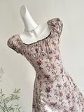 Charming Pink Floral Square Neck Puff Sleeve Mini Dress