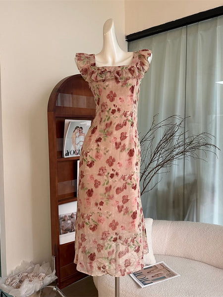 Ruffled Neckline Long Floral Print Dress
