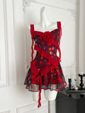 Ruffled Straps Asymmetric Maroon Floral Mini Dress