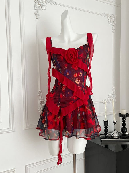 Ruffled Straps Asymmetric Maroon Floral Mini Dress