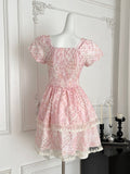 Square Ruffled Hem Sweet Pink Floral Dress