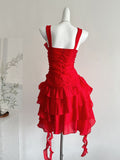 Ruffled Layers Rose Embellishment Red Strappy Mini Dress