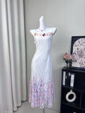 Floral Embellished Straps Ombre Hem White Lace Midi Dress