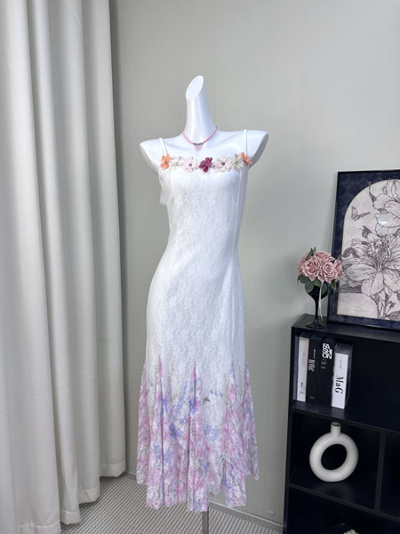 Floral Embellished Straps Ombre Hem White Lace Midi Dress