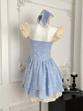 Blue Gingham Dress with Hood & Lace Accents