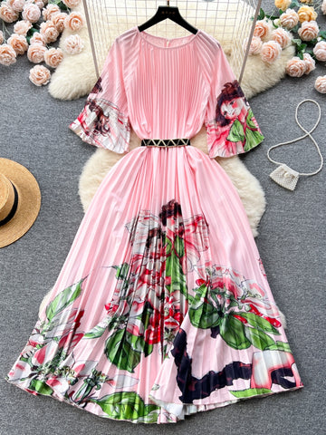 Pink Pleats Summer Petals Midi Dress