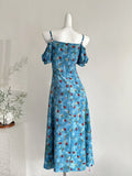 Charming Blue Floral Off Shoulder Midi Dress