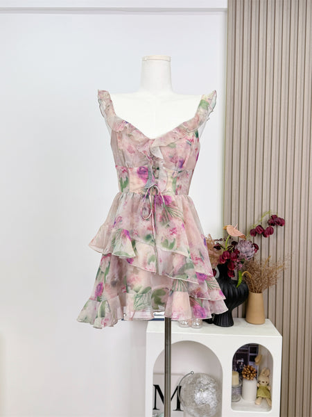 Romantic Pink Floral Print Ruffled Dress