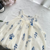 Blue Botanical Motifs Elegant Sleeveless White Outfit sets