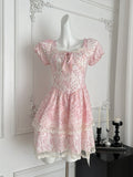 Square Ruffled Hem Sweet Pink Floral Dress