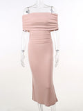 Pink Off Shoulder Bodycon Midi Bandage Dress