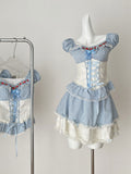 Blue & White Puff Sleeve Mini Dress