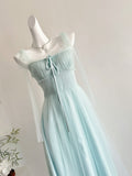 Dreamy Light Blue Tulle Square Neck Midi Dress