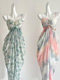 Beaded Waist Floral Print Spaghetti Strap Maxi Dress